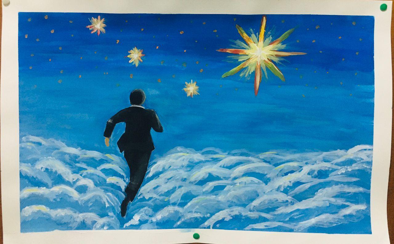 A man in a dark suit running across a field of clouds toward a single bright burning star in a deep blue sky