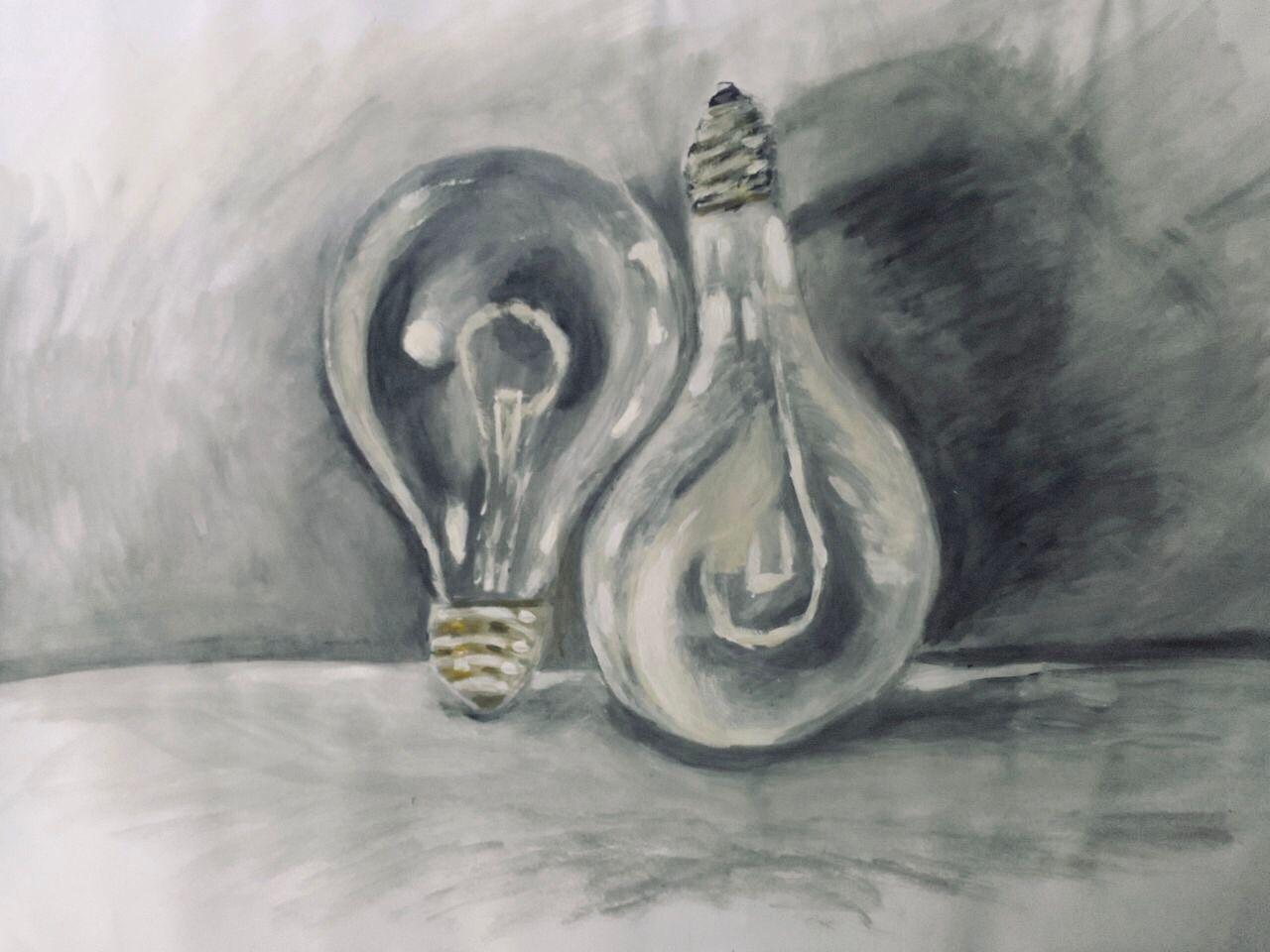 Two clear incandescent lightbulbs lying together, rendered in greys with glints of warm metal, on a soft grey ground