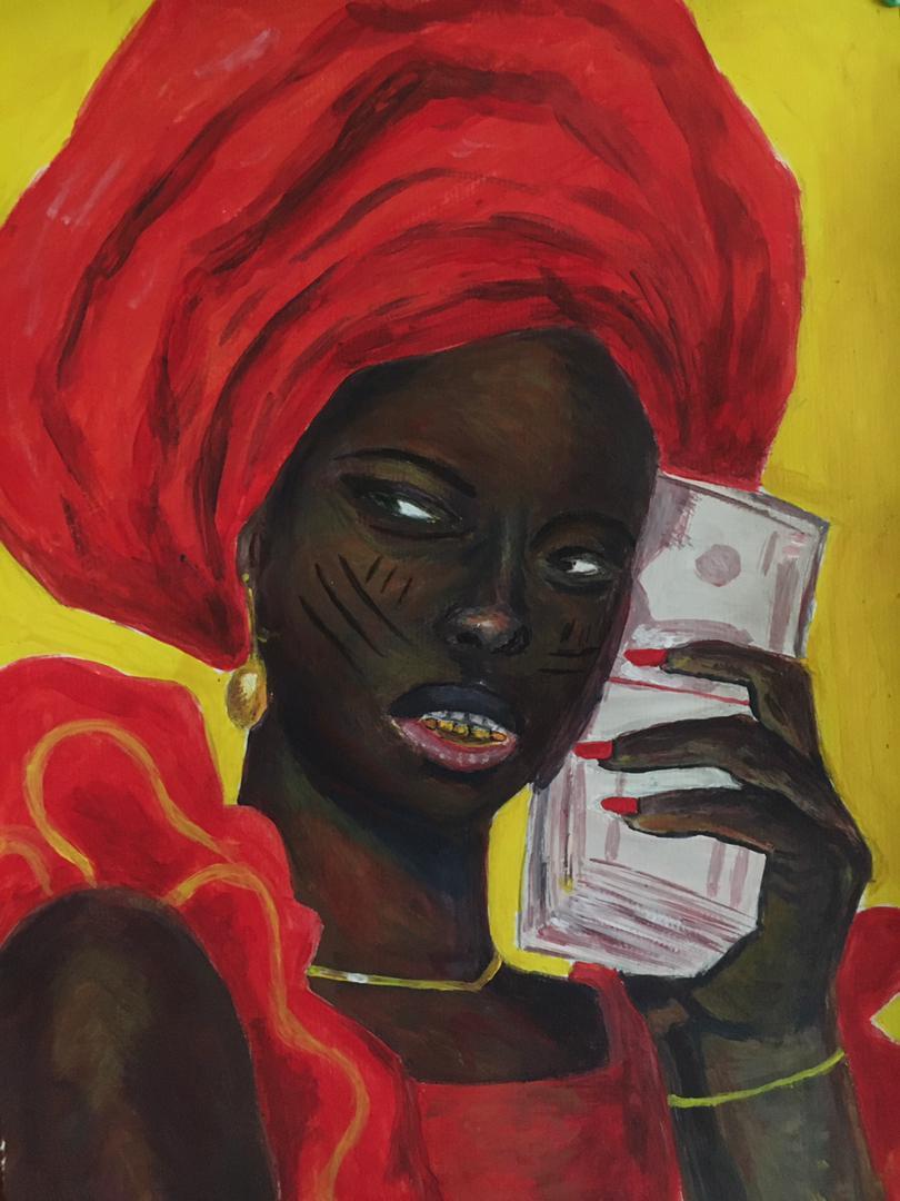 A woman in a red headwrap with tribal marks and a gold tooth, raising a folded stack of banknotes to her cheek