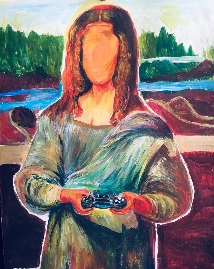 A reinterpreted Mona Lisa holding a game controller