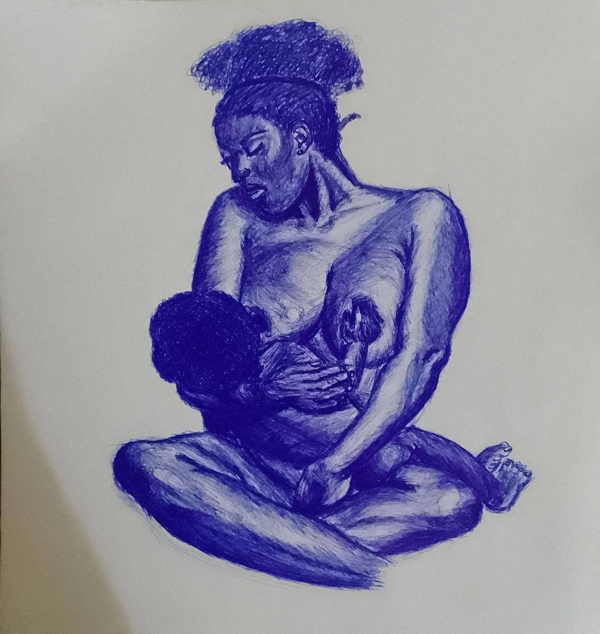 A mother seated cross-legged nursing her child, rendered in blue ballpoint pen