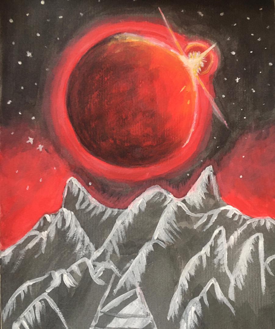 A vast red planet flaring at one edge, rising behind jagged silver-grey mountains under a starry sky