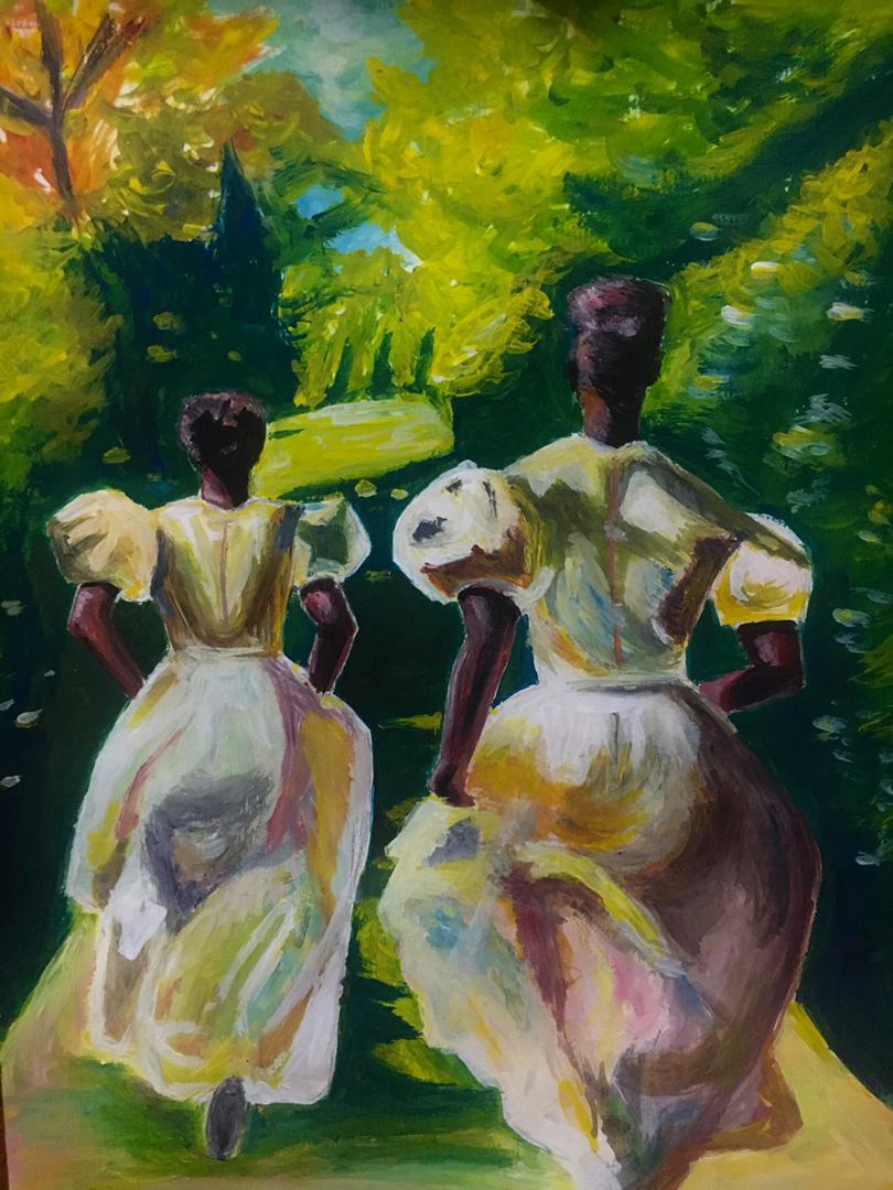 Two women in white dresses seen from behind, moving through a sunlit green landscape