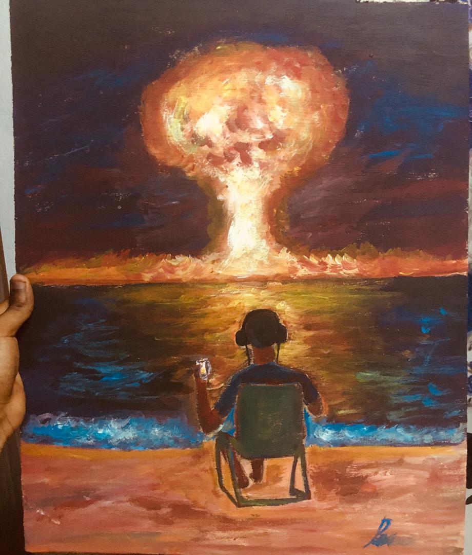 A man in a deck chair on a beach, headphones on, drink in hand, calmly watching a distant nuclear mushroom cloud rise over the sea