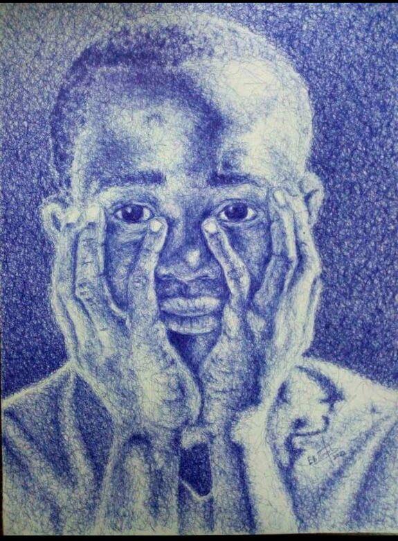 A young man holding his own face in both hands, gazing forward, drawn in dense blue ballpoint