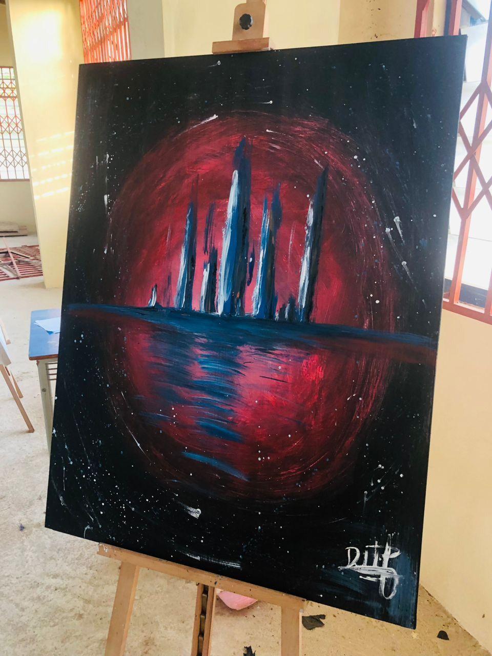An abstract skyline of pale spires rising from dark water inside a glowing crimson orb against black