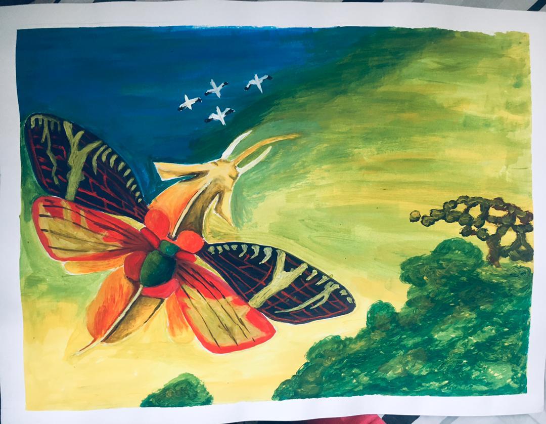An oversized moth with patterned red-and-gold wings resting on a glowing green-and-gold landscape as small birds fly overhead